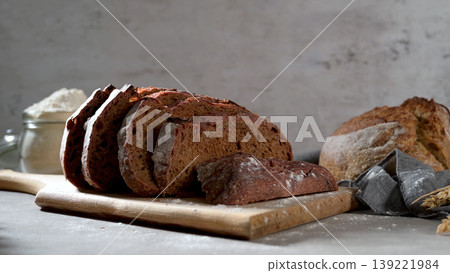 Sliced artisan bread on a wooden board 139221984