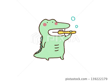 An illustration of a crocodile brushing its teeth with a toothbrush. 139222179
