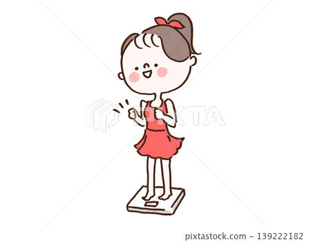 An illustration of a girl making a victory pose after stepping onto a scale (representing successful weight loss, health, and healthcare). An illustration of a girl making a victory pose after stepping onto a scale (representing successful weight loss, health, and healthcare). 139222182