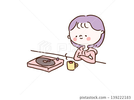 An illustration of a woman relaxing while listening to music on a retro record player (chill time, hobby). An illustration of a woman relaxing while listening to music on a retro record player (chill time, hobby). 139222183
