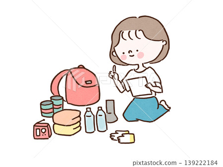 An illustration of a woman pointing and checking the contents of her emergency backpack one by one (Disaster preparedness, emergency preparedness, safety) An illustration of a woman pointing and checking the contents of her emergency backpack one by one (Disaster preparedness, emergency preparedness, safety) 139222184