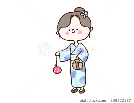 一位身穿浴衣(夏季和服)的女孩面帶微笑,手持水球(溜溜球)的插圖(夏季祭典/典型的日本場景) 一位身穿浴衣(夏季和服)的女孩面帶微笑,手持水球(溜溜球)的插圖(夏季祭典/典型的日本場景) 139222187