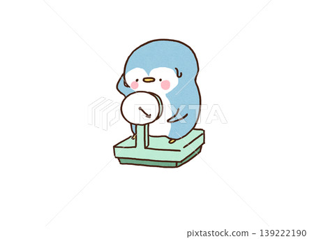 An illustration of a penguin breaking out in a cold sweat after stepping on a scale during a health checkup and realizing its weight has increased (diet/lifestyle-related diseases) 139222190