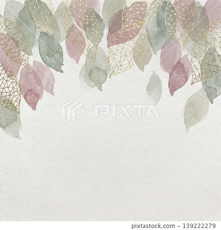 Washi paper copy space with muted watercolor leaves and geometric gold leaf swirling at the top. Washi paper copy space with muted watercolor leaves and geometric gold leaf swirling at the top. 139222279