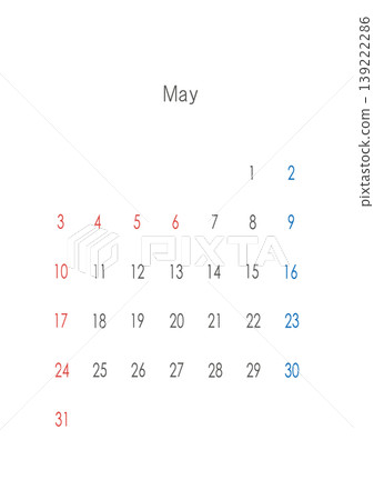 [透明 PNG] 2026 年 5 月簡約日曆 - 極簡設計 - 英文文本 139222286