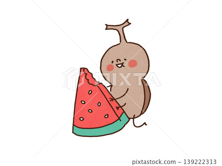 An illustration of a rhinoceros beetle happily devouring a large triangular slice of watermelon (Summer vacation, insect collecting) 139222313