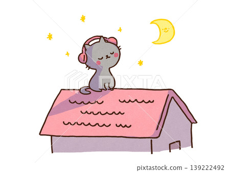 一幅插圖描繪了一隻貓在夜晚的屋頂上放鬆地坐著,戴著耳機聽音樂,同時凝視著星空和月亮(放鬆,音樂)。 一幅插圖描繪了一隻貓在夜晚的屋頂上放鬆地坐著,戴著耳機聽音樂,同時凝視著星空和月亮(放鬆,音樂)。 139222492