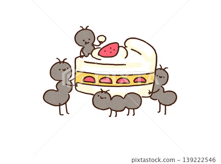 An illustration of cute ants working together to carry a large strawberry shortcake (teamwork). An illustration of cute ants working together to carry a large strawberry shortcake (teamwork). 139222546
