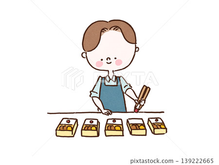 An illustration of a man in an apron arranging many prepared meals (in Tupperware containers) on his day off (housework/home cooking). An illustration of a man in an apron arranging many prepared meals (in Tupperware containers) on his day off (housework/home cooking). 139222665