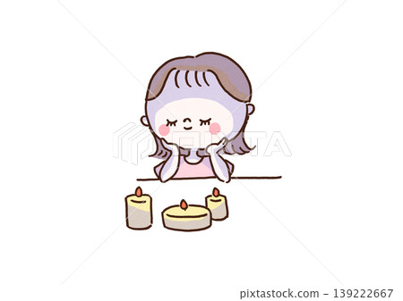 An illustration of a woman lighting an aromatherapy candle, closing her eyes, and deeply relaxing (mental health/relaxation). An illustration of a woman lighting an aromatherapy candle, closing her eyes, and deeply relaxing (mental health/relaxation). 139222667