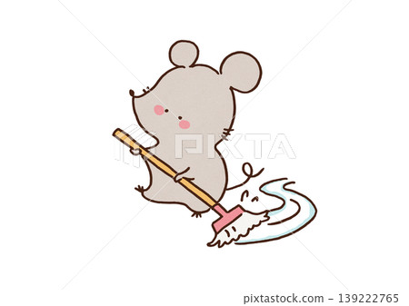 An illustration of a cute mouse diligently cleaning the floor with a large mop (housework/spring cleaning) An illustration of a cute mouse diligently cleaning the floor with a large mop (housework/spring cleaning) 139222765