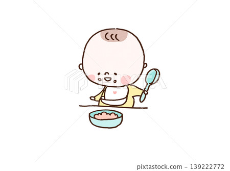 An illustration of a baby smiling and holding a spoon with baby food all over its mouth (Parenting/Food Education) An illustration of a baby smiling and holding a spoon with baby food all over its mouth (Parenting/Food Education) 139222772