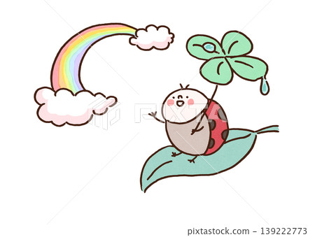 An illustration of a ladybug using a four-leaf clover as an umbrella and looking up at a rainbow after the rain (symbolizing good fortune and the end of the rainy season). An illustration of a ladybug using a four-leaf clover as an umbrella and looking up at a rainbow after the rain (symbolizing good fortune and the end of the rainy season). 139222773
