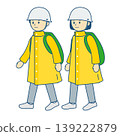 Disaster preparedness illustration: Illustration of a child wearing a disaster preparedness backpack and helmet. 139222879