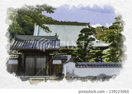 Watercolor style painting of the main hall of Yokenji Temple in Saiki, Oita Prefecture. Watercolor style painting of the main hall of Yokenji Temple in Saiki, Oita Prefecture. 139223068
