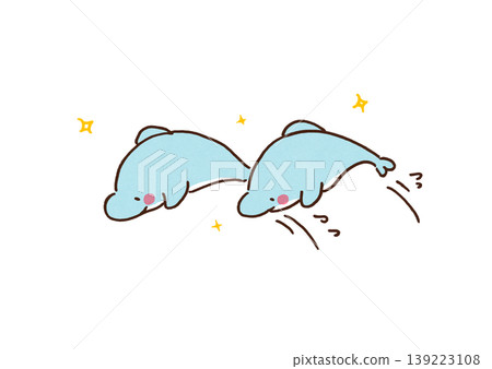 兩隻海豚同時躍出水面,劃出一道弧線。 兩隻海豚同時躍出水面,劃出一道弧線。 139223108