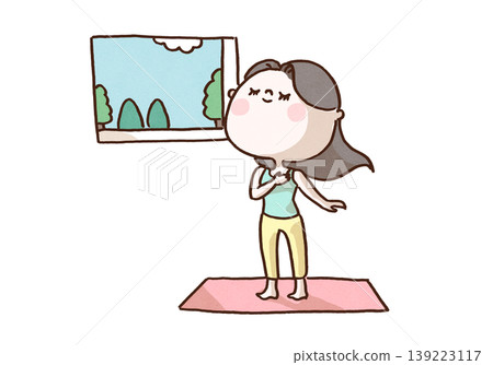 一幅插圖,描繪了一位女子躺在瑜珈墊上,沐浴著透過窗戶灑進來的晨光,深吸一口氣。 一幅插圖,描繪了一位女子躺在瑜珈墊上,沐浴著透過窗戶灑進來的晨光,深吸一口氣。 139223117