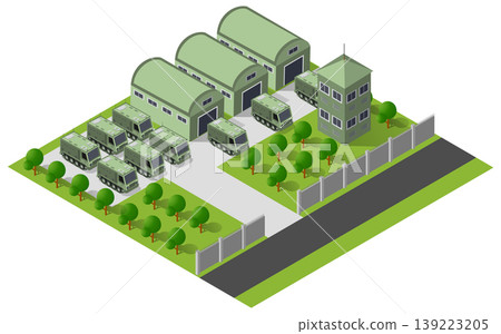 Military base with tanks, missile launchers, and buildings managing Military base with tanks, missile launchers, and buildings managing 139223205