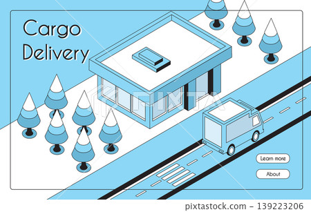 Cargo delivery truck moving near office building Cargo delivery truck moving near office building 139223206