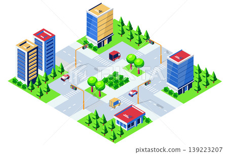 Modern city with skyscrapers, roads, cars, trees and traffic lights in isometric projection Modern city with skyscrapers, roads, cars, trees and traffic lights in isometric projection 139223207