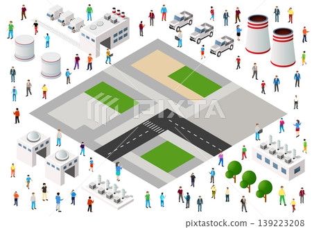 Urban landscape planning with isometric buildings, roads, and people Urban landscape planning with isometric buildings, roads, and people 139223208