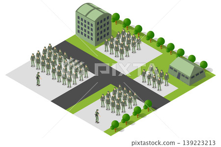 Military base with tanks, missile launchers, and buildings managing Military base with tanks, missile launchers, and buildings managing 139223213