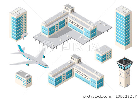 Airplane flying over airport terminal, control tower Airplane flying over airport terminal, control tower 139223217