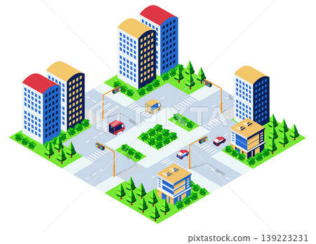 Isometric cityscape with skyscrapers, roads, cars, and green areas Isometric cityscape with skyscrapers, roads, cars, and green areas 139223231