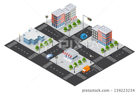 Isometric city intersection with vehicles and buildings Isometric city intersection with vehicles and buildings 139223234