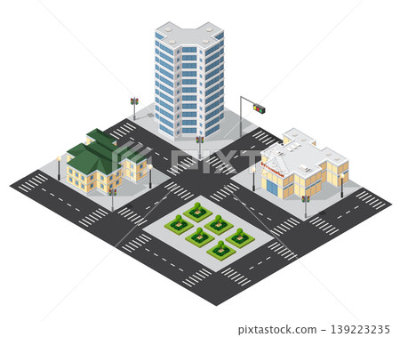 Isometric cityscape with skyscraper, supermarket, and park 139223235