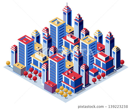 Modern isometric city center with skyscrapers and trees growing Modern isometric city center with skyscrapers and trees growing 139223238