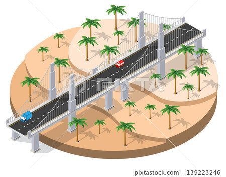 Cars crossing suspension bridge over desert landscape in isometric view Cars crossing suspension bridge over desert landscape in isometric view 139223246
