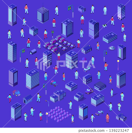Citizens walking and driving in isometric city with skyscrapers and houses Citizens walking and driving in isometric city with skyscrapers and houses 139223247