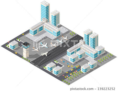 International airport with control tower and airplanes taking off and landing 139223252