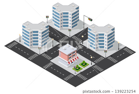 Isometric cityscape with skyscrapers and small shop surrounding intersection 139223254