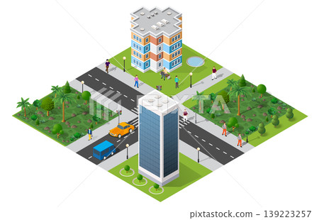 Modern city with skyscrapers, parks, roads and pedestrians walking isometric view Modern city with skyscrapers, parks, roads and pedestrians walking isometric view 139223257