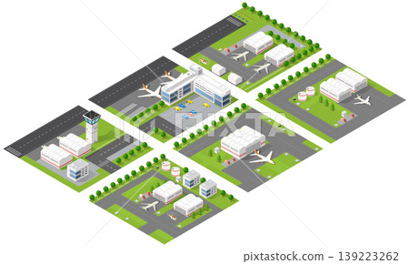 Isometric airport modules showing control tower, hangars, and airplanes Isometric airport modules showing control tower, hangars, and airplanes 139223262