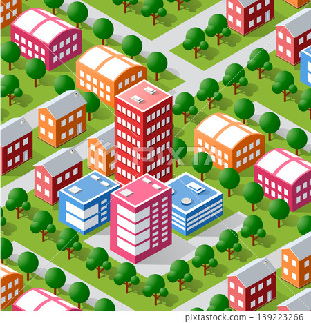 Colorful isometric cityscape with buildings and trees Colorful isometric cityscape with buildings and trees 139223266