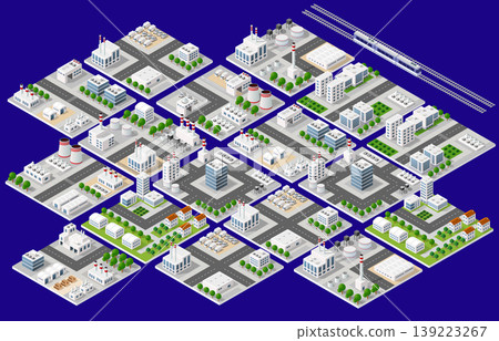 Industrial city blocks expanding with factories, offices, and railway passing through Industrial city blocks expanding with factories, offices, and railway passing through 139223267