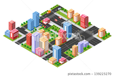 Colorful isometric city center with skyscrapers and traffic 139223270