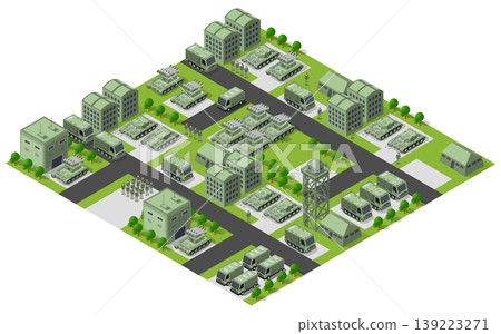 Military base with tanks, missile launchers, and buildings managing Military base with tanks, missile launchers, and buildings managing 139223271
