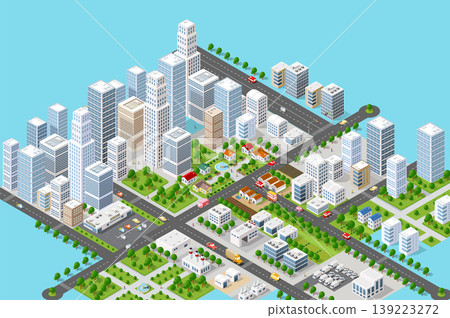 Modern isometric city with skyscrapers, factories, houses, roads, and parks Modern isometric city with skyscrapers, factories, houses, roads, and parks 139223272