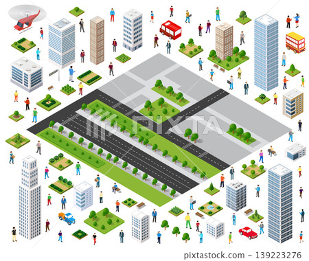Citizens walking and driving in isometric city center with buildings and roads 139223276
