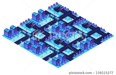 Illuminated isometric cityscape at night with street lights and buildings Illuminated isometric cityscape at night with street lights and buildings 139223277