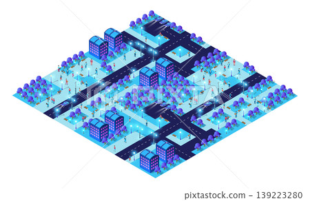 Futuristic smart city at night with glowing buildings and citizens walking on streets 139223280