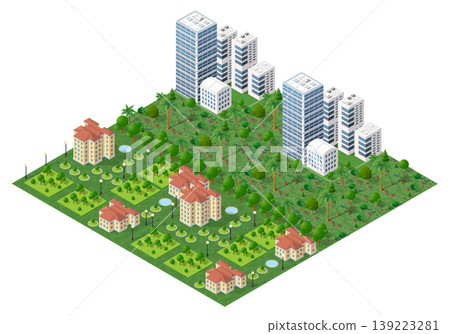 Modern city with skyscrapers, parks, and residential buildings in isometric view Modern city with skyscrapers, parks, and residential buildings in isometric view 139223281