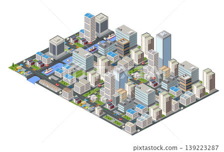 Modern isometric city with skyscrapers, buildings, roads, cars, and river with ships Modern isometric city with skyscrapers, buildings, roads, cars, and river with ships 139223287