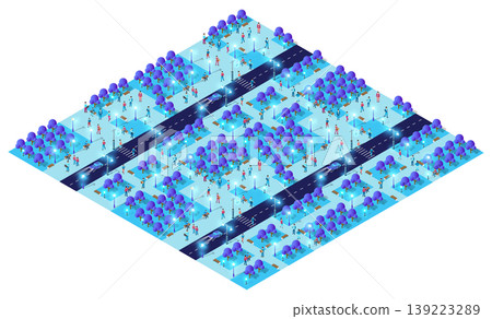 Smart city park with people walking and relaxing at night, isometric view 139223289
