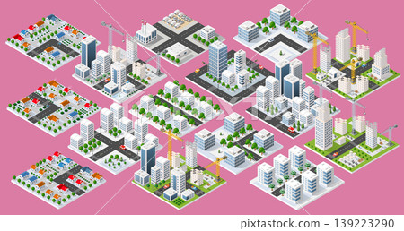 Set of isometric city with snowy streets and buildings under construction Set of isometric city with snowy streets and buildings under construction 139223290