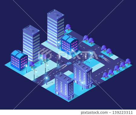 Isometric city streetscape at night with neon buildings 139223311